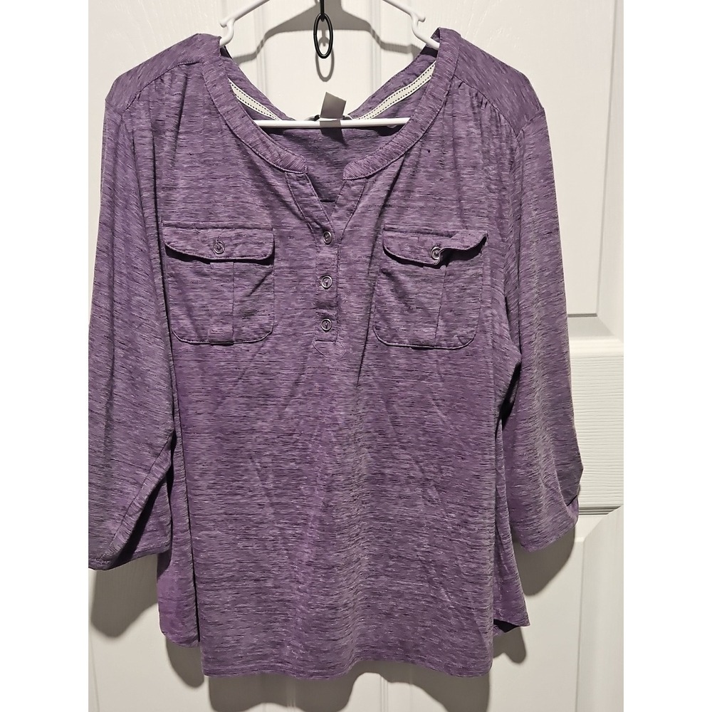CJ Banks Heathered Purple Henley with Chest Pockets